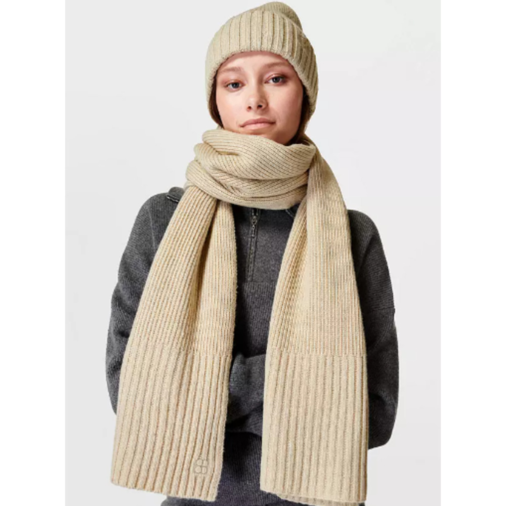 🧣 SWEATY BETTY Women's Soft Rib Knit Scarf Pebble Beige One Size Embroidered